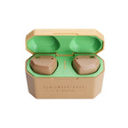 Campfire Orbit | True Wireless Earphones in beige and green charging case with LED battery indicators on white background