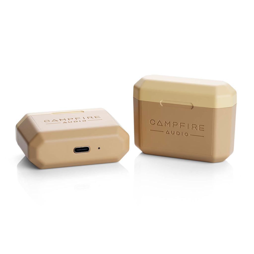 Campfire Orbit | True Wireless Earphones charging case in beige with USB-C port shown from two angles on white background