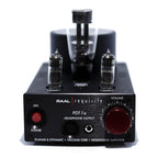 Front view of RAAL-requisite PDT-1a Tube Headphone Amplifier with vacuum tubes, power button, and volume knob on white background