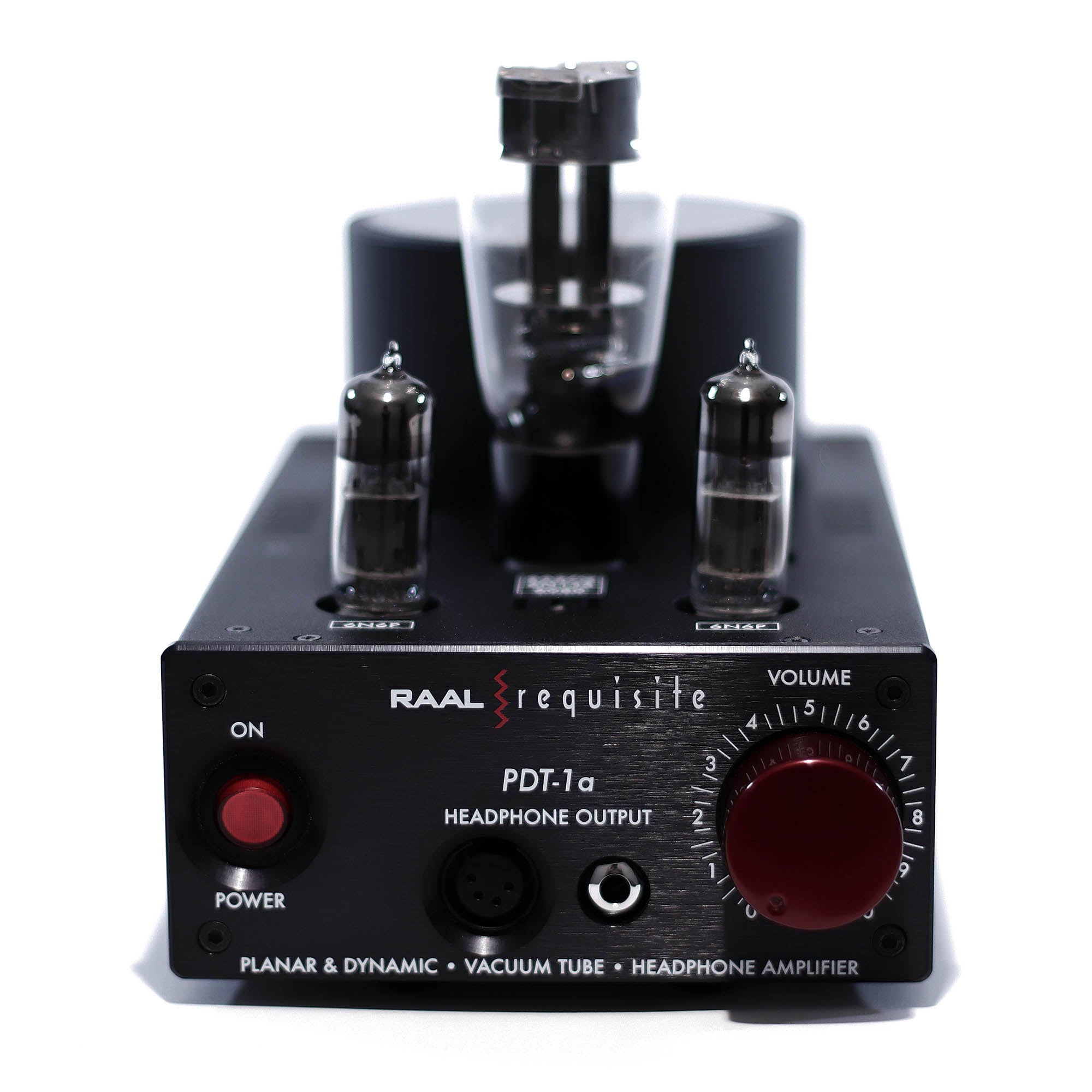 Front view of RAAL-requisite PDT-1a Tube Headphone Amplifier with vacuum tubes, power button, and volume knob on white background