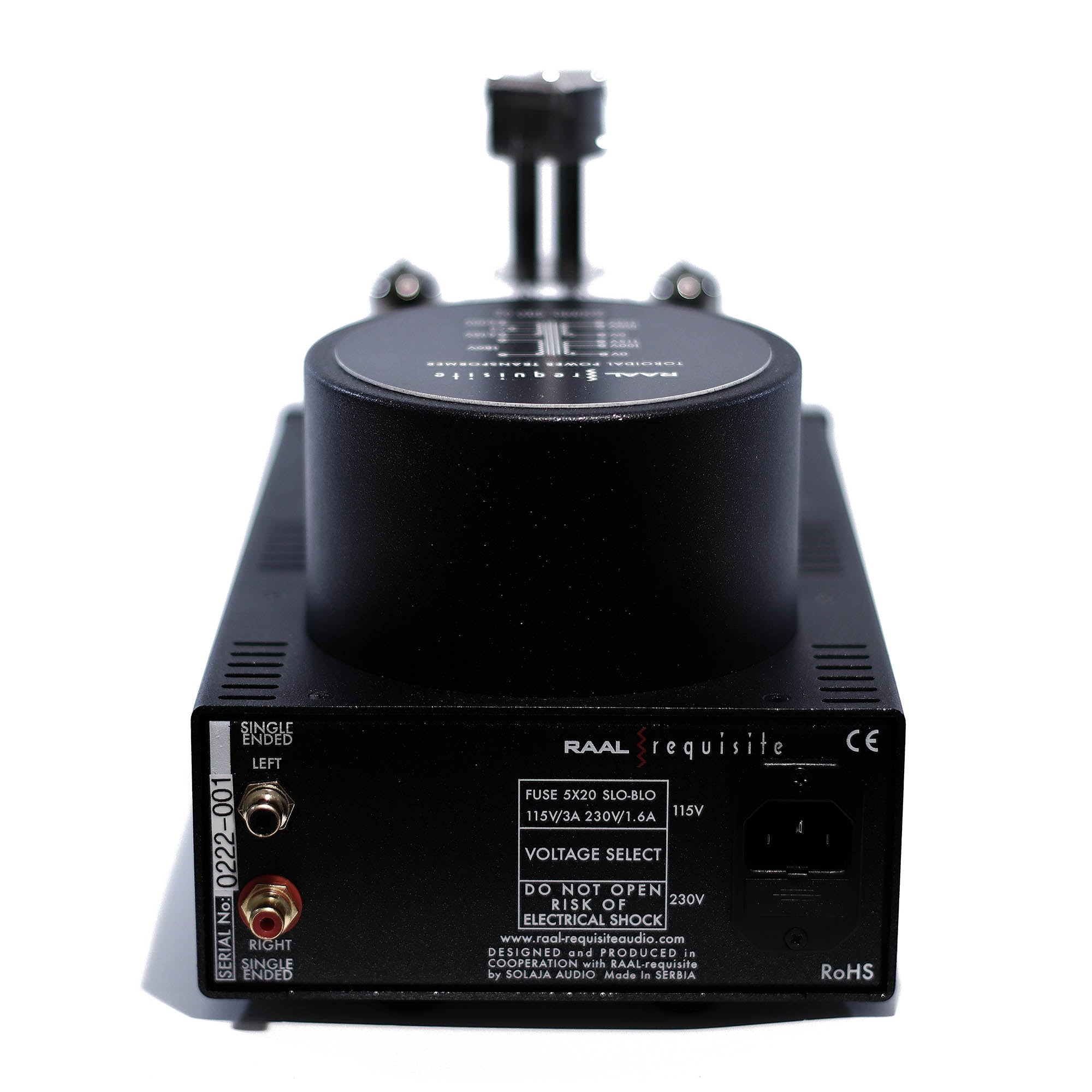 Rear view of RAAL-requisite PDT-1a Tube Headphone Amplifier showing power input and single-ended headphone output jacks