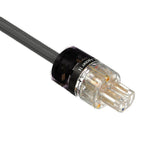 Close-up of the Kimber Kable Ascent PK14 AC Power Cable connector with transparent housing and braided cable on white background