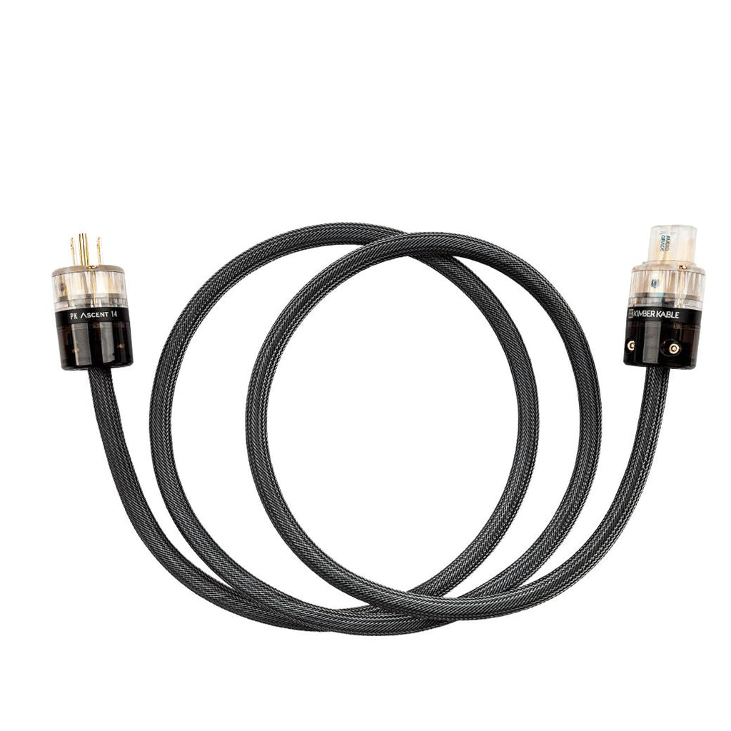 Kimber Kable Ascent PK14 AC Power Cable with braided black sleeving and custom connectors on white background