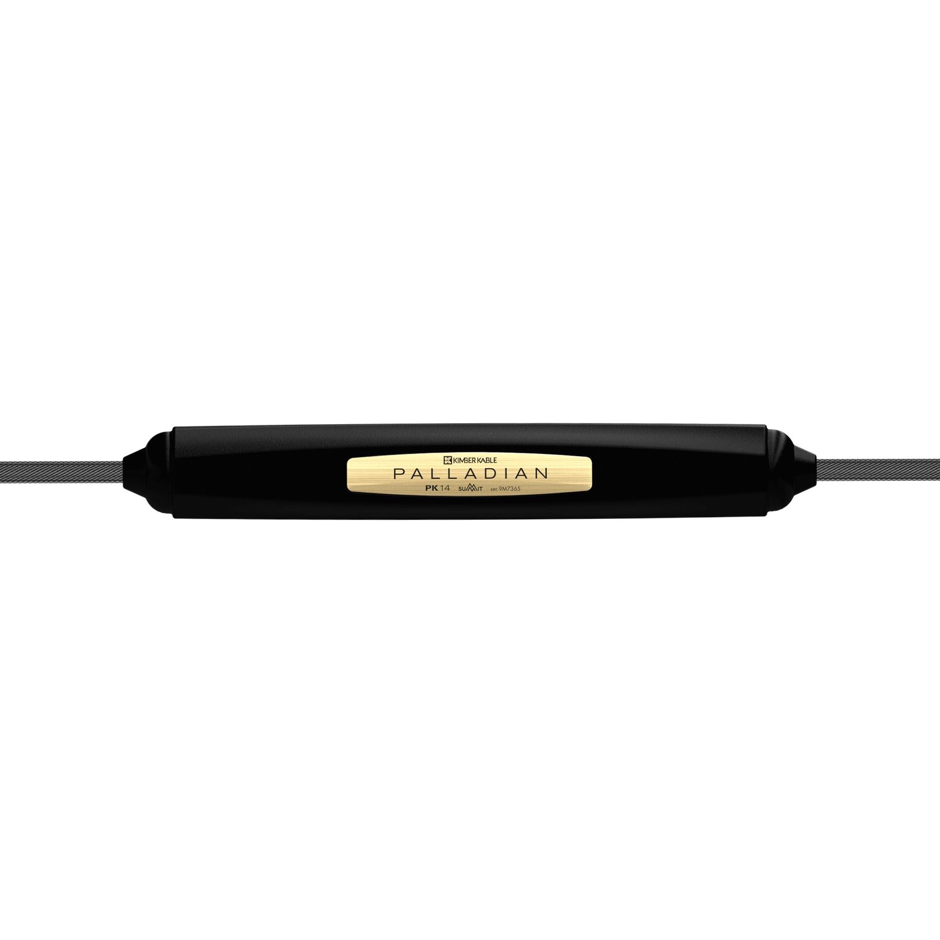 Close-up of Kimber Kable Summit PK14 Palladian AC Power Cable with gold label and black casing on white background