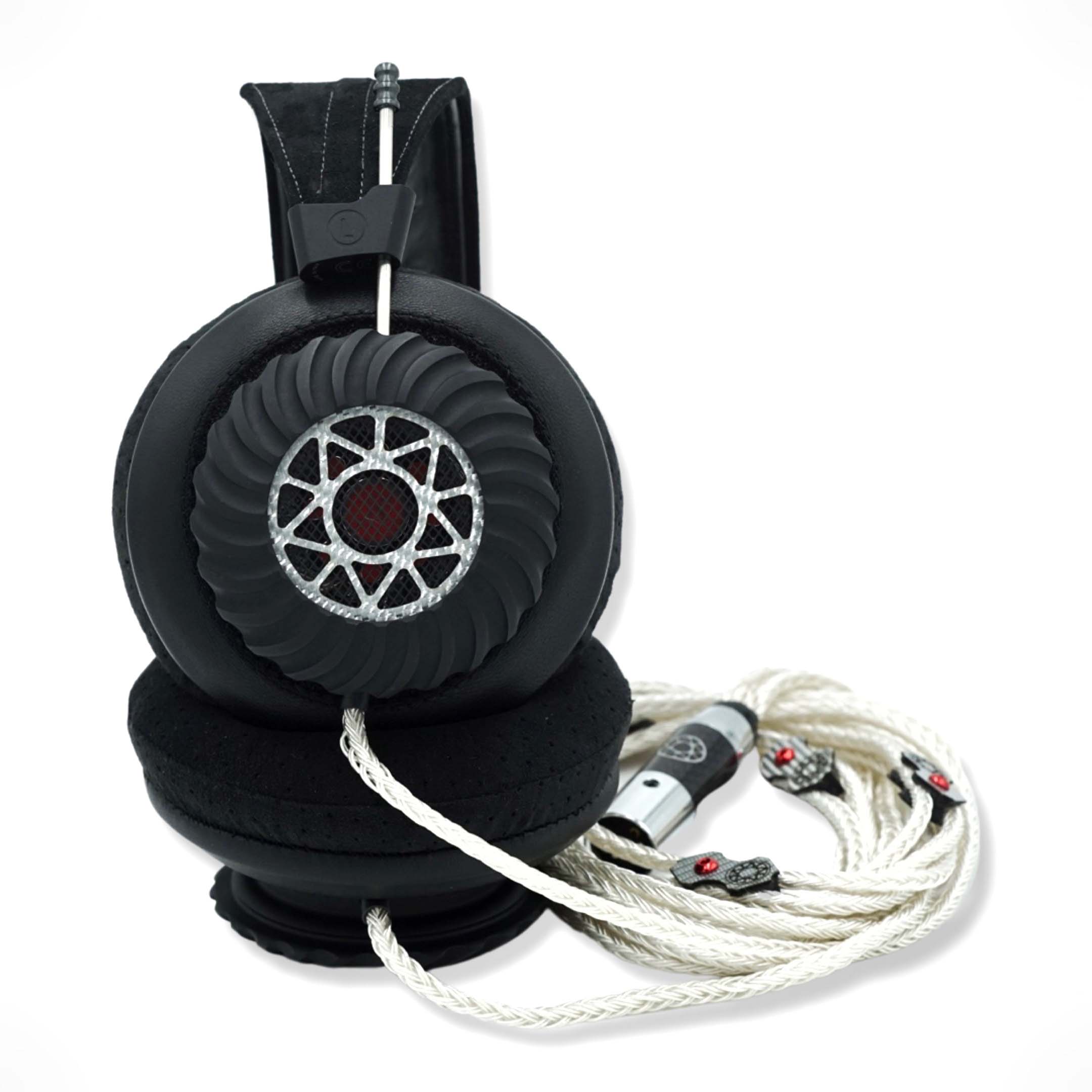 Spirit Torino Pulsar Aluminum open-back dynamic headphones with black ear cups and white braided cable on white background