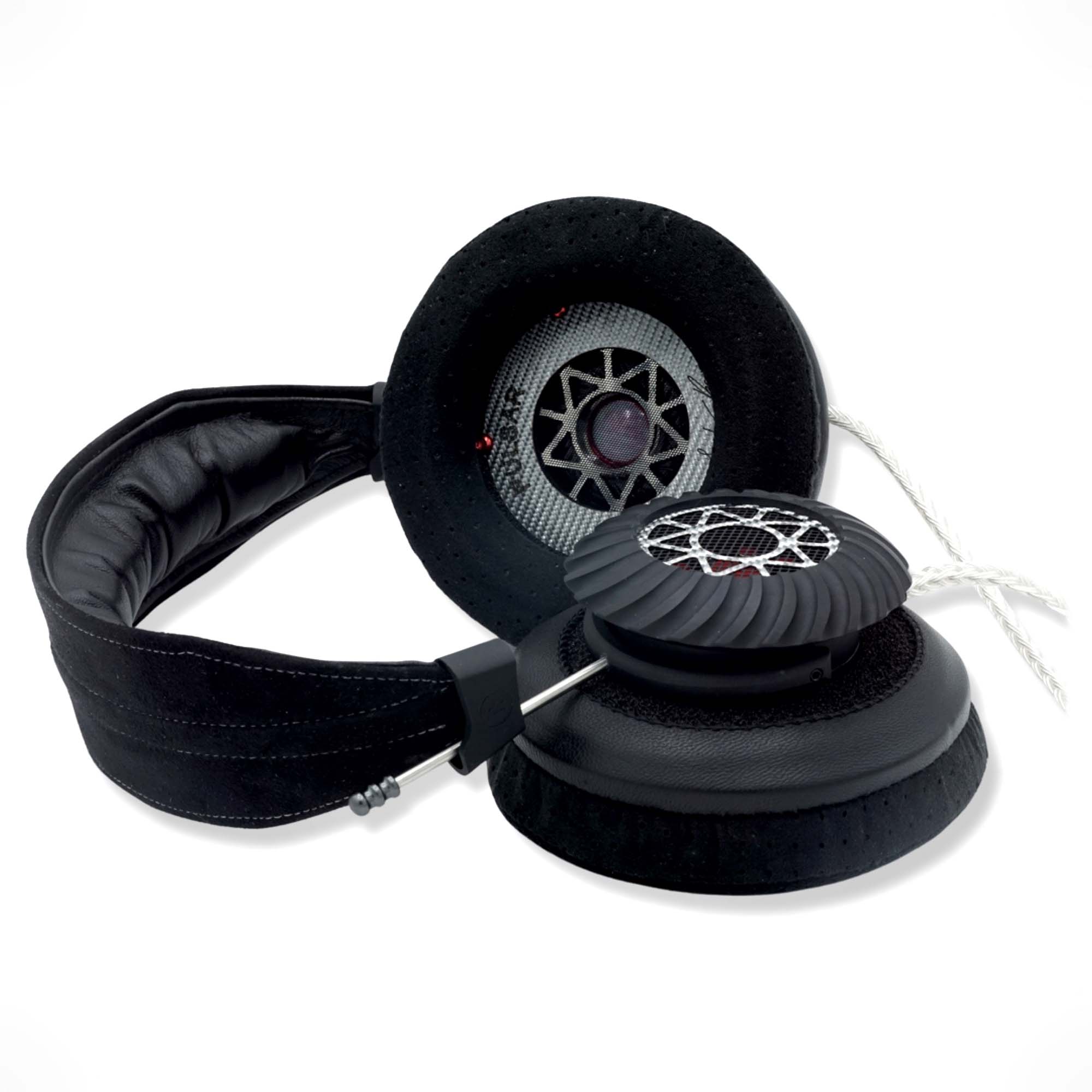 Spirit Torino Pulsar Aluminum open-back dynamic headphones with black ear pads and detailed driver design on white background