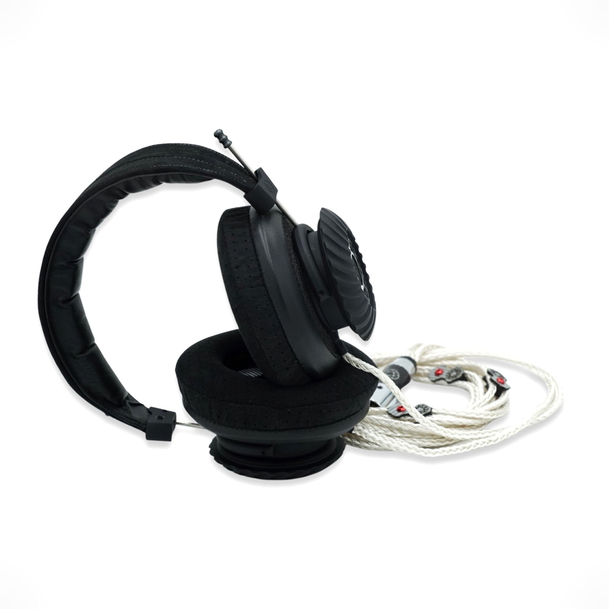 Spirit Torino Pulsar Aluminum open-back dynamic headphones with black ear pads and detachable white braided cable on white background