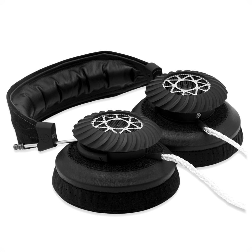 Spirit Torino Pulsar Aluminum open-back dynamic headphones with black padded headband and braided white cable on white background
