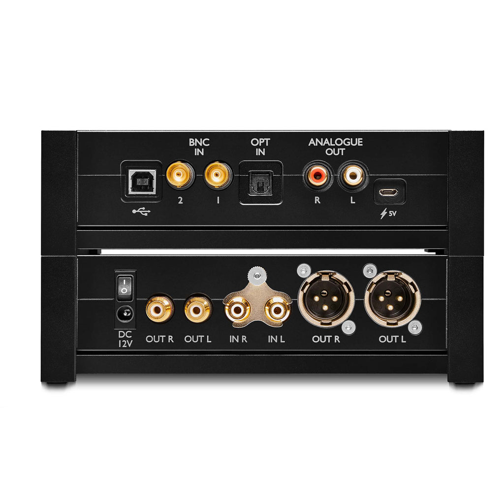 Rear view of Chord Qutest Stand System showing multiple audio input and output ports on black metal frame