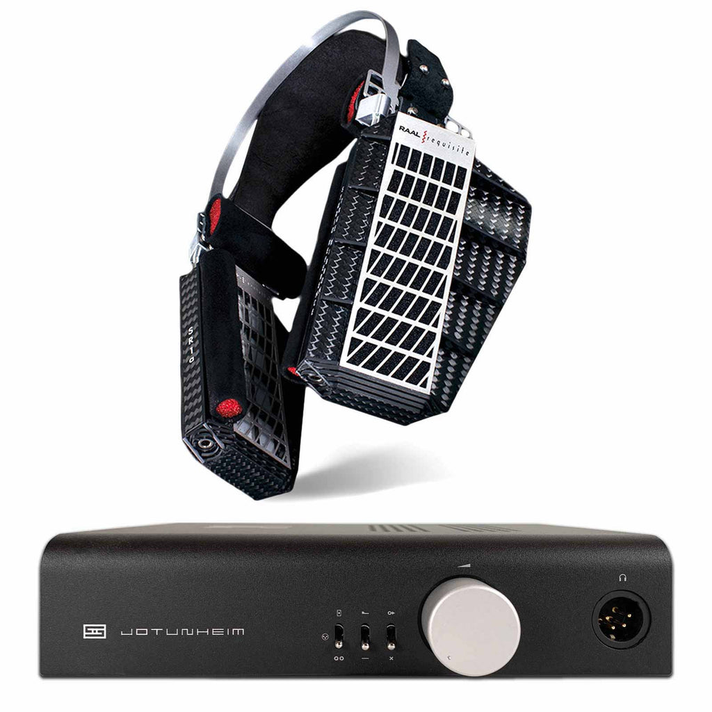 RAAL-requisite SR1a Ribbon Headphone with metallic ear panels and black amplifier on white background