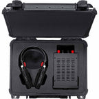 RAAL-requisite SR1a Ribbon Headphone with amplifier securely packed in a black protective carrying case on white background