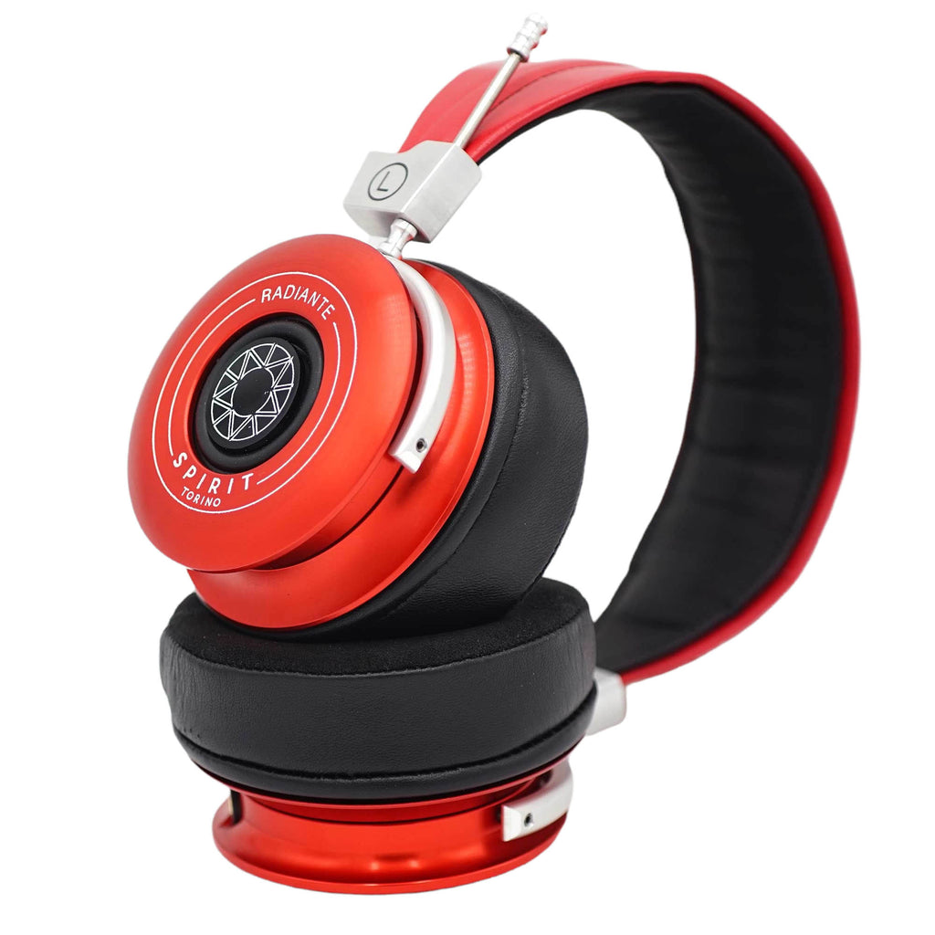 Close-up of Spirit Torino Radiante Closed-Back (Pre-Owned) headphones in red with black ear pads and padded headband