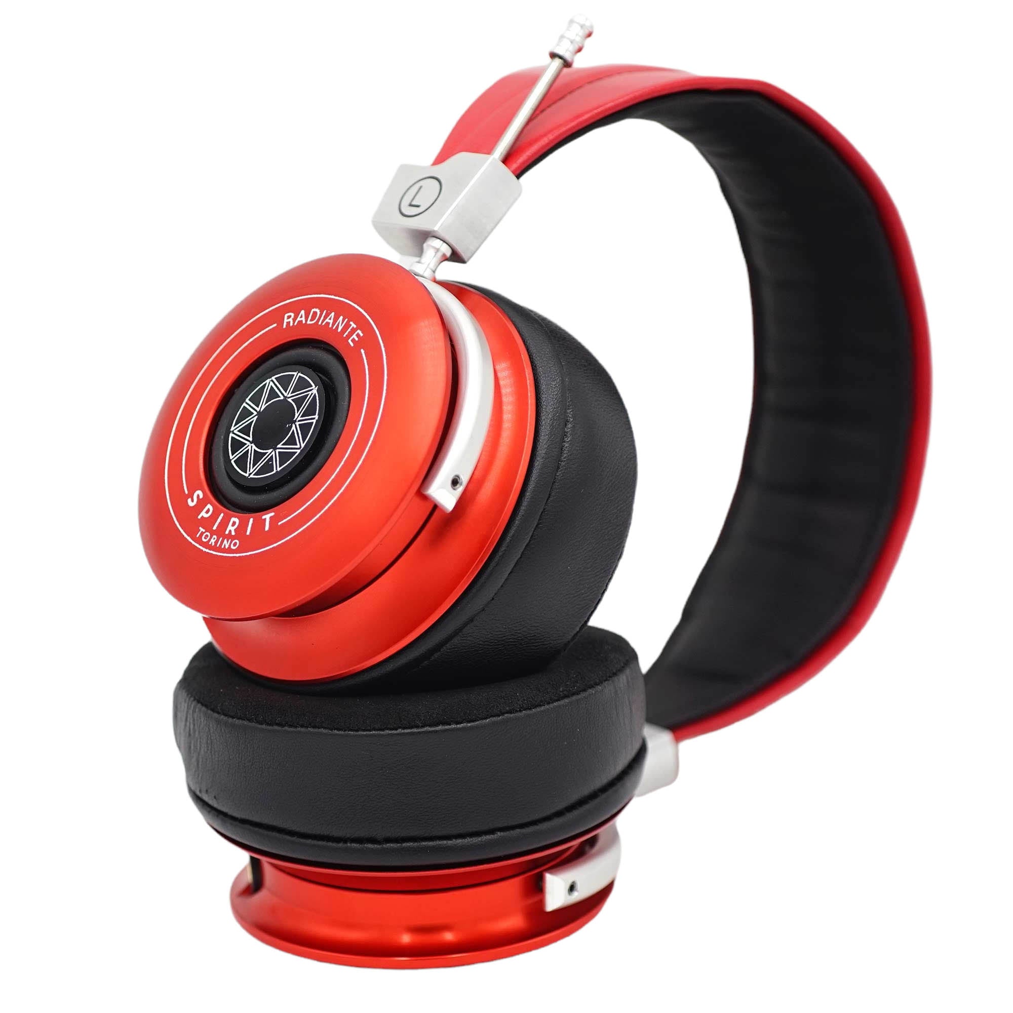 Close-up of Spirit Torino Radiante Closed-Back (Pre-Owned) headphones in red with black ear pads and padded headband