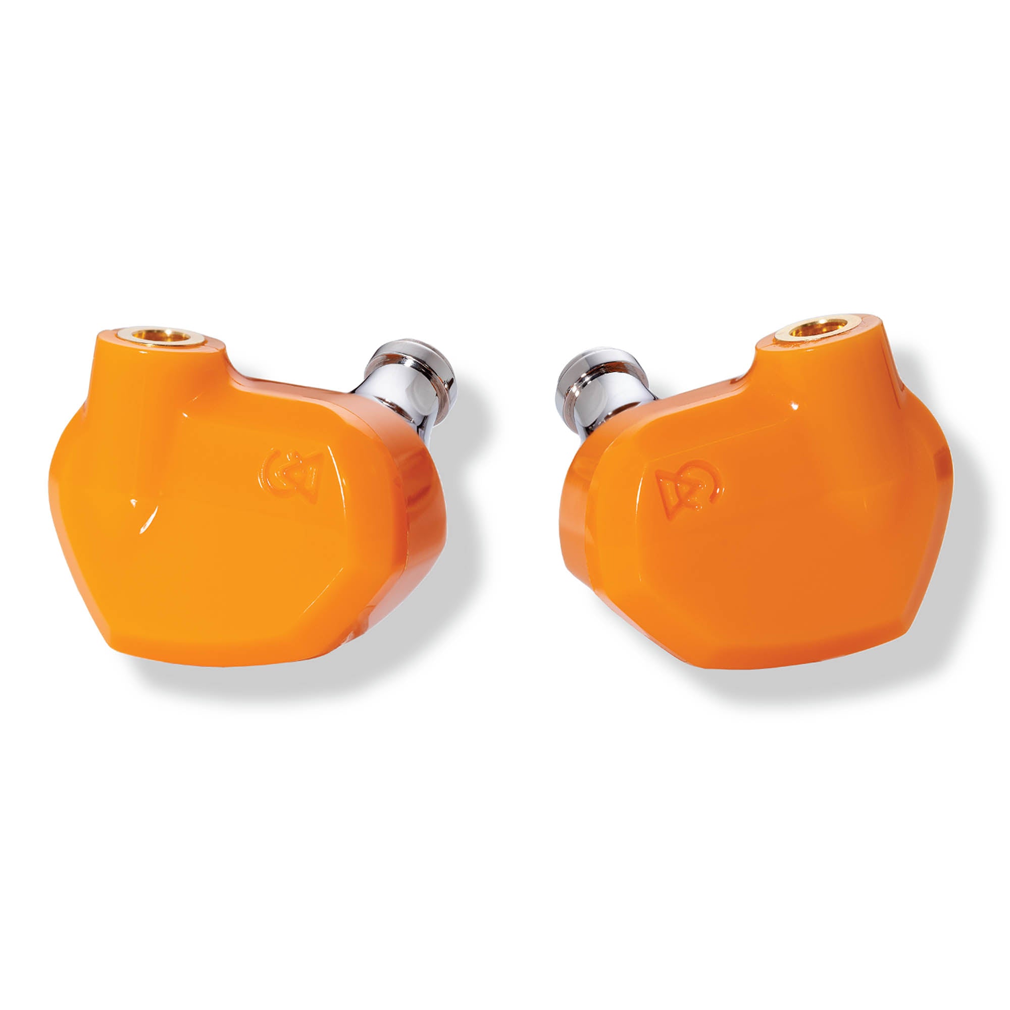 Pair of bright orange Campfire Satsuma (Open-Box) in-ear monitors with silver connectors on white background