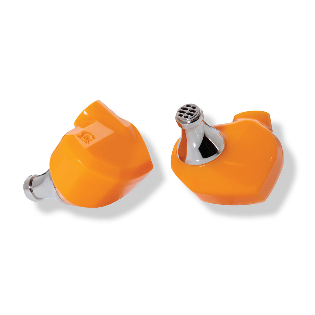 Pair of bright orange Campfire Satsuma (Open-Box) in-ear monitors with chrome balanced armature driver ports on white background