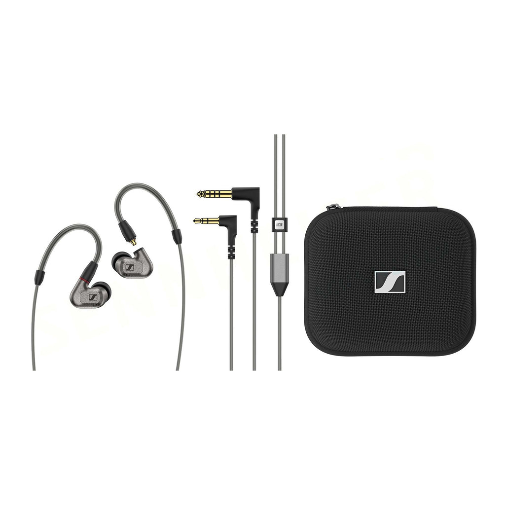 Sennheiser IE600 In-Ear Monitors with detachable cables, angled plugs, and black carrying case on white background