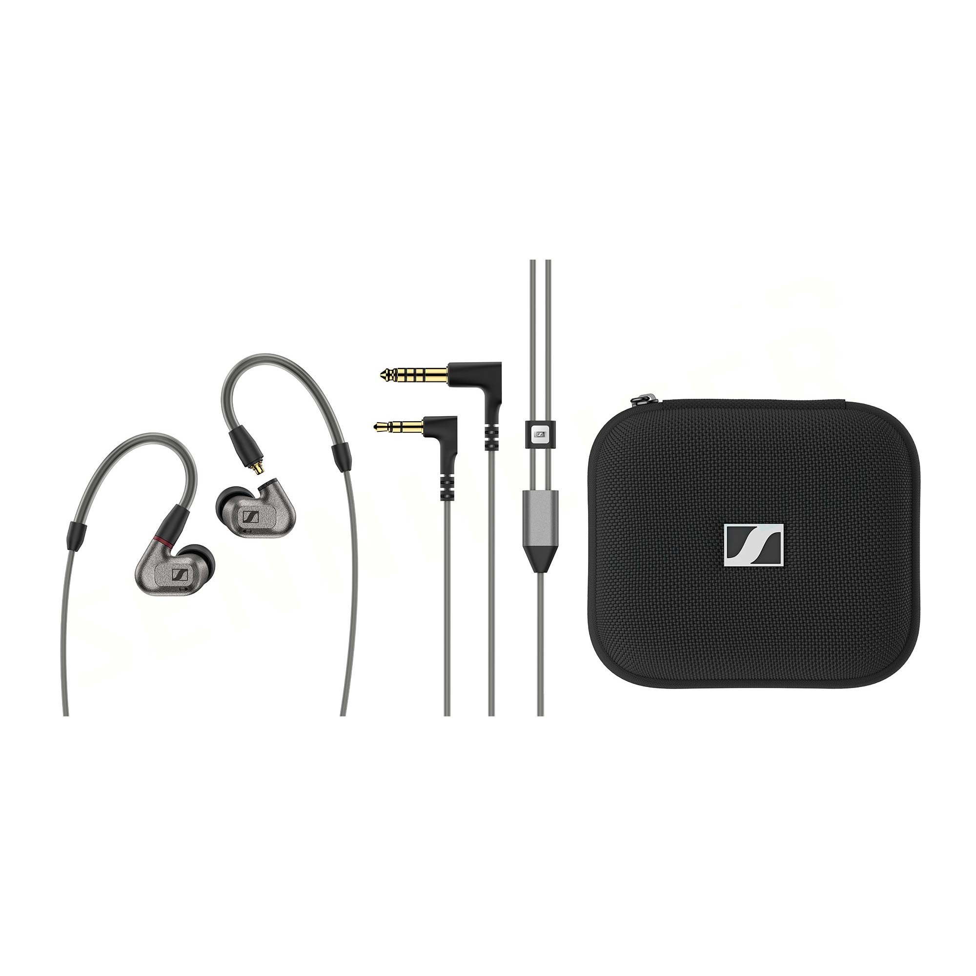 Sennheiser IE600 In-Ear Monitors with detachable cables, angled plugs, and black carrying case on white background