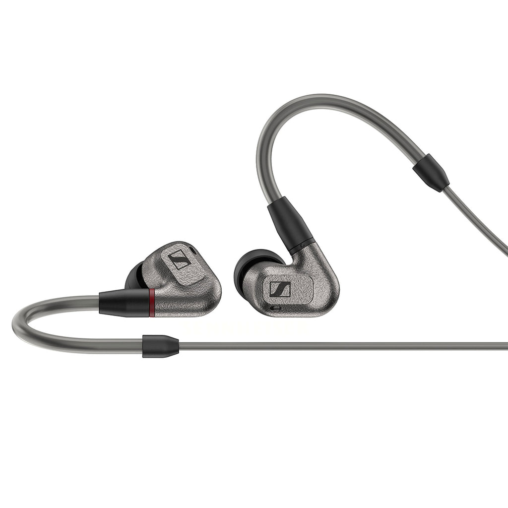 Sennheiser IE600 In-Ear Monitors with gray textured housings and flexible over-ear cables on a white background