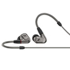 Sennheiser IE600 In-Ear Monitors with gray textured housings and flexible over-ear cables on a white background