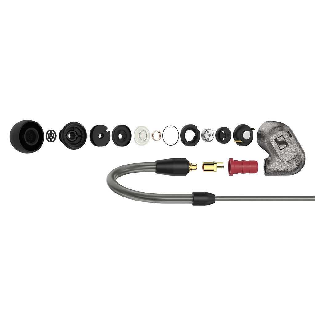Exploded view of Sennheiser IE600 In-Ear Monitors showing internal components and detachable cable connection