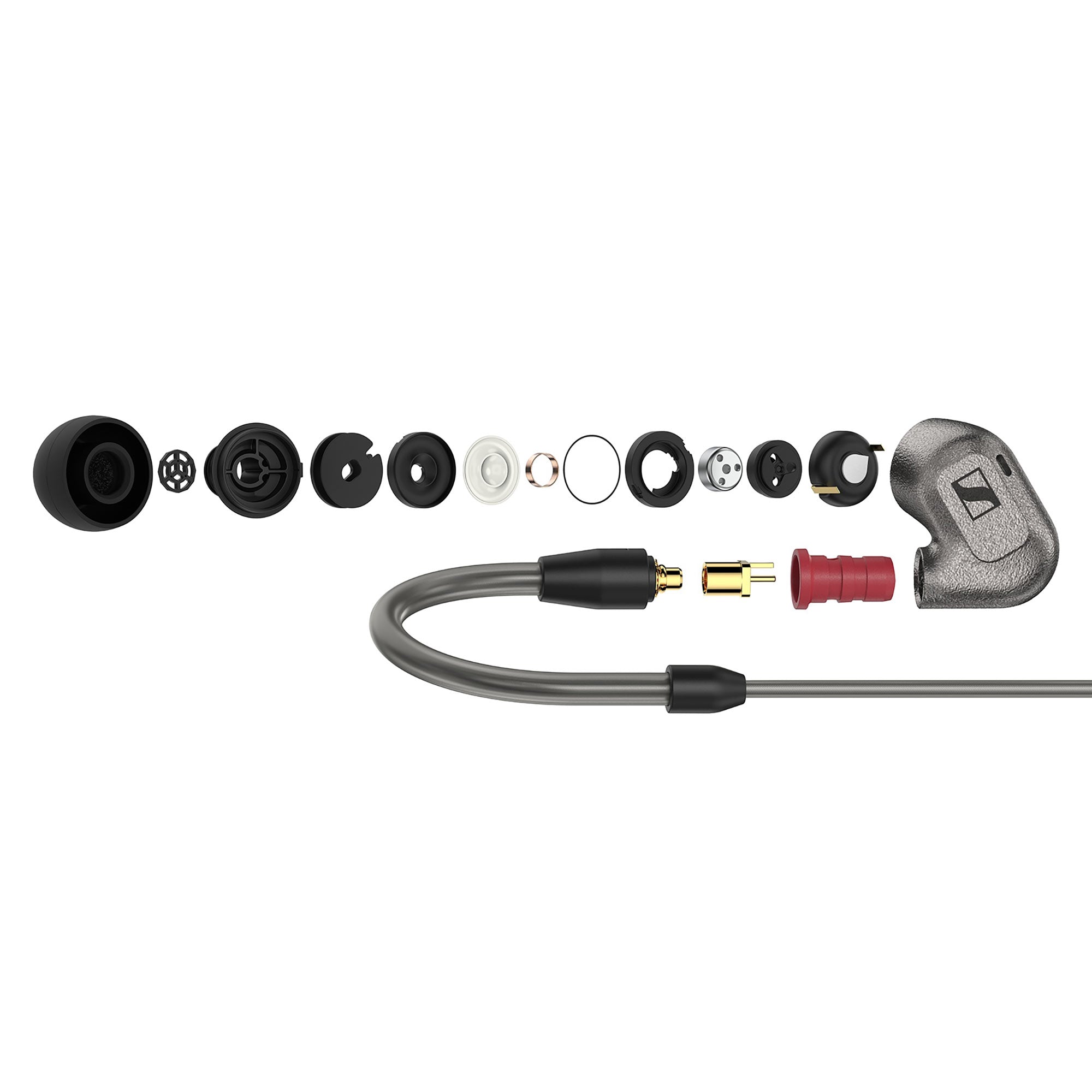 Exploded view of Sennheiser IE600 In-Ear Monitors showing internal components and detachable cable connection