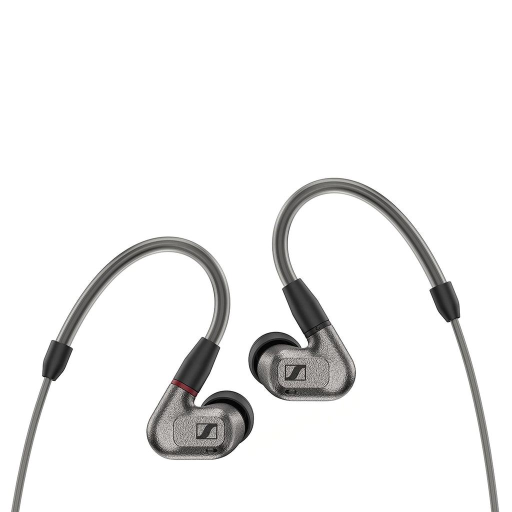 Sennheiser IE600 In-Ear Monitors in metallic gray with flexible ear hooks and black silicone tips on white background