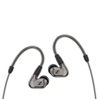 Sennheiser IE600 In-Ear Monitors in metallic gray with flexible ear hooks and black silicone tips on white background