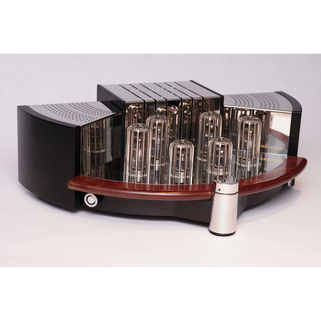 Sennheiser Orpheus HE90 / HEV90 vacuum tube amplifier with glass tubes and wood trim on white background