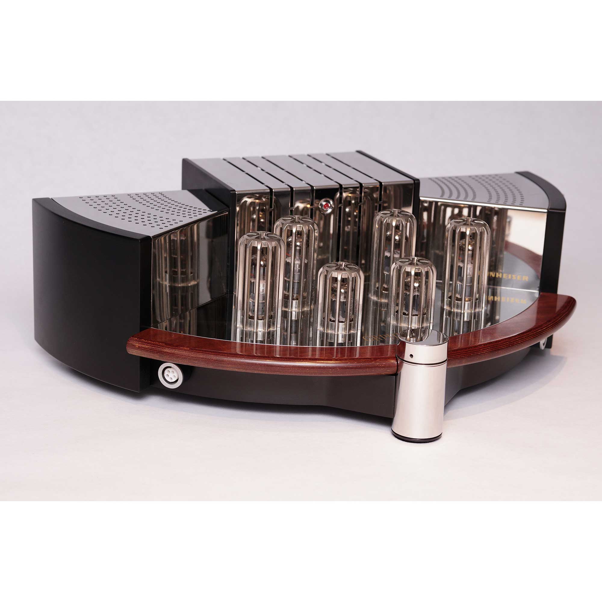 Sennheiser Orpheus HE90 / HEV90 vacuum tube amplifier with glass tubes and wood trim on white background