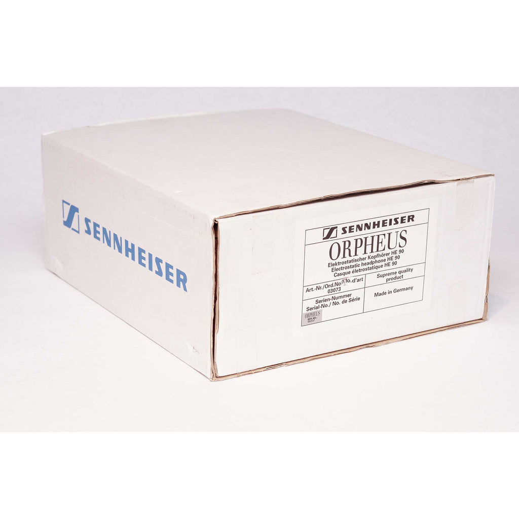 White shipping box with Sennheiser Orpheus HE90 / HEV90 branding and product information on a plain white background