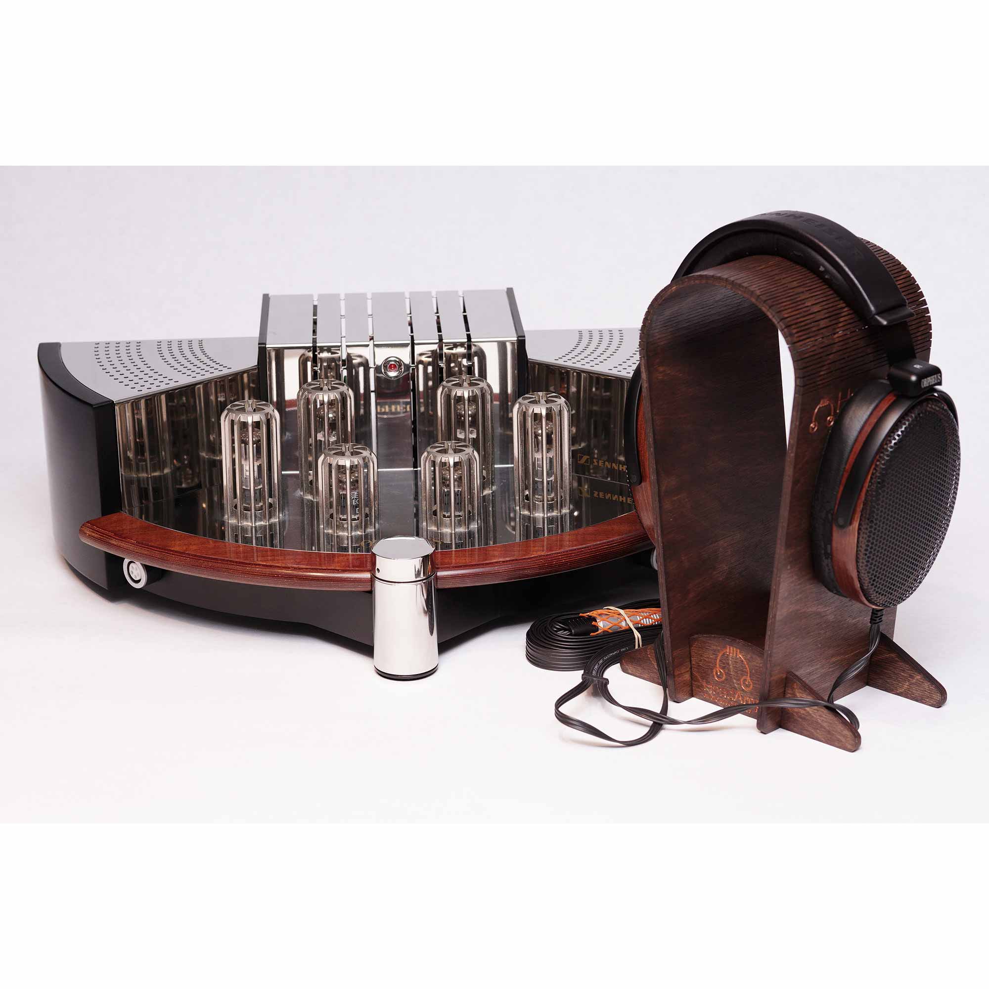Sennheiser Orpheus HE90 / HEV90 electrostatic headphones on wooden stand with vacuum tube amplifier on white background