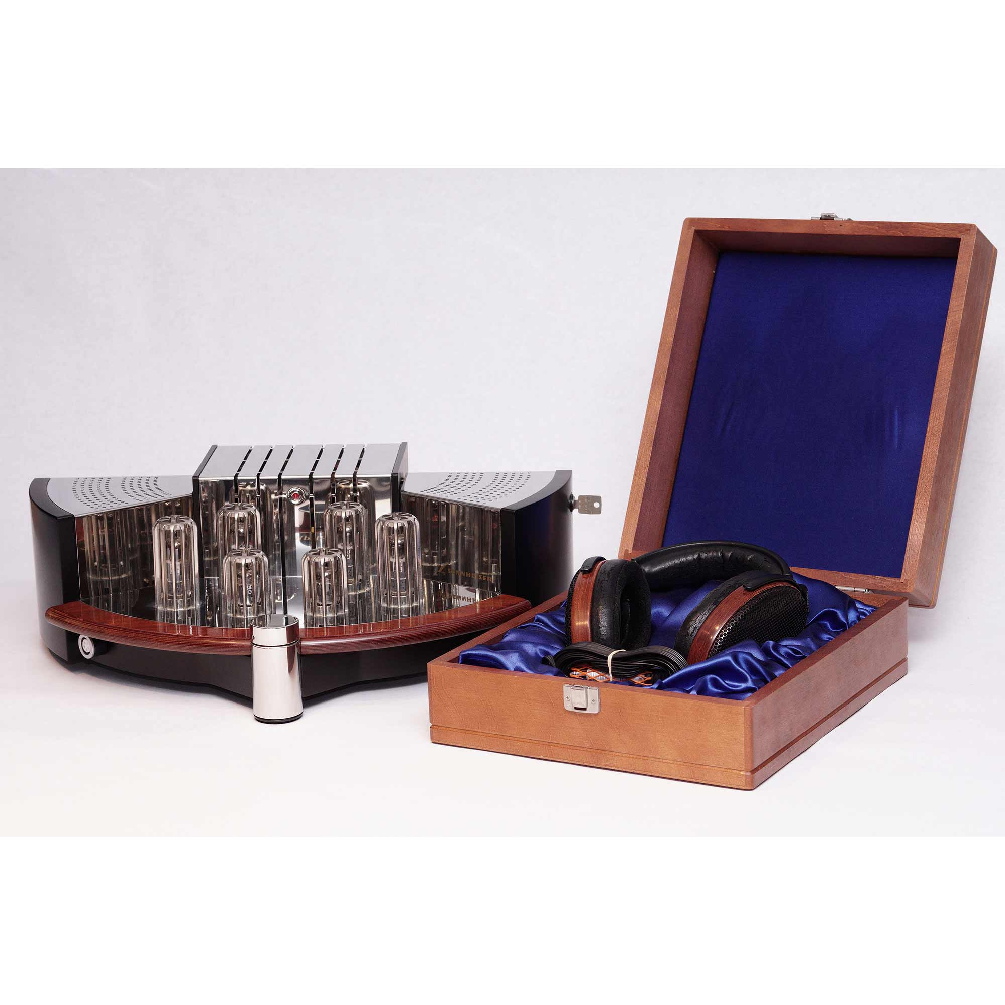Sennheiser Orpheus HE90 / HEV90 electrostatic headphones in wood case with matching vacuum tube amplifier on white background