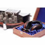 Sennheiser Orpheus HE90 / HEV90 electrostatic headphones with vacuum tube amplifier in wooden box with blue satin lining.