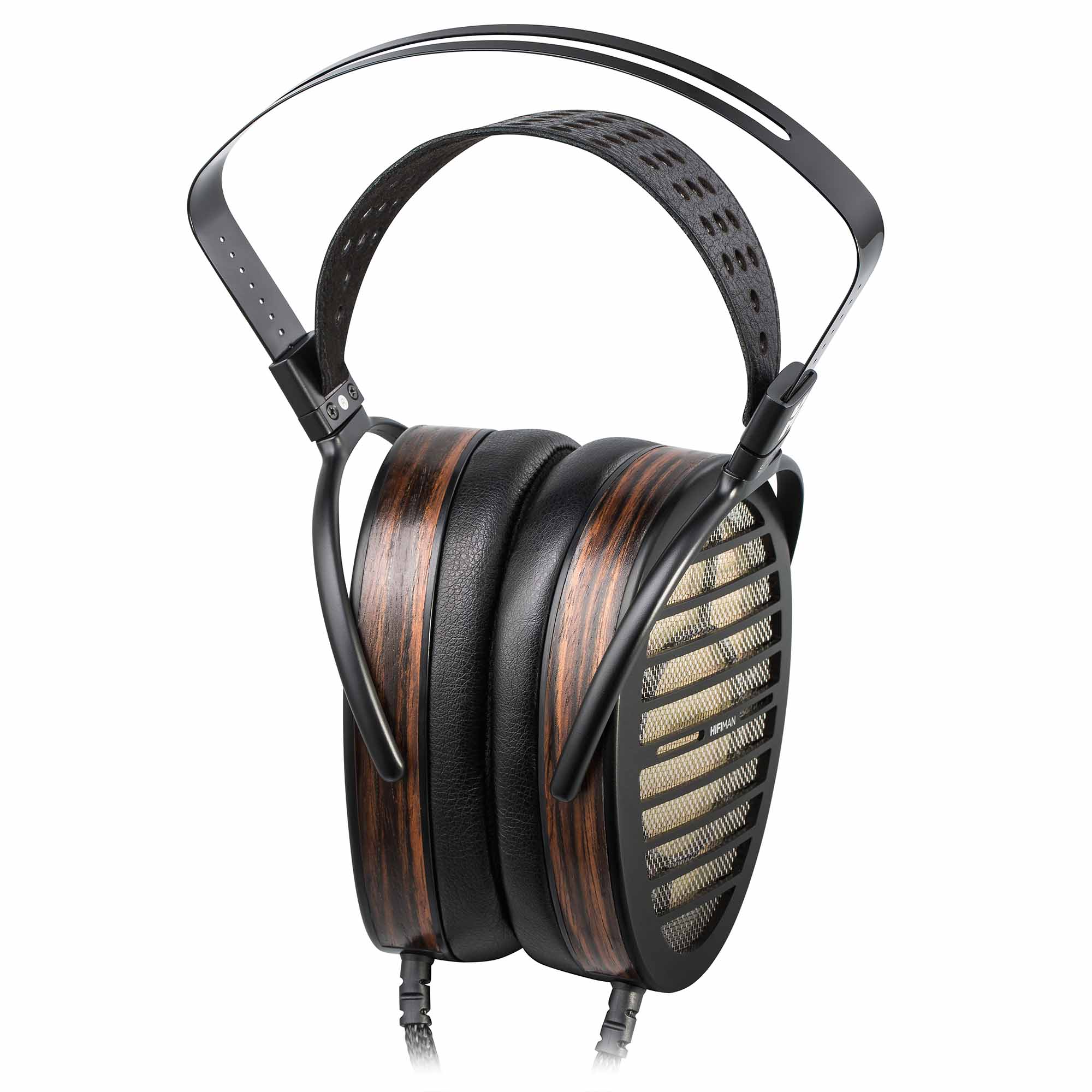 HIFIMAN Shangri-La electrostatic open back headphones with wood finish and padded headband on white background