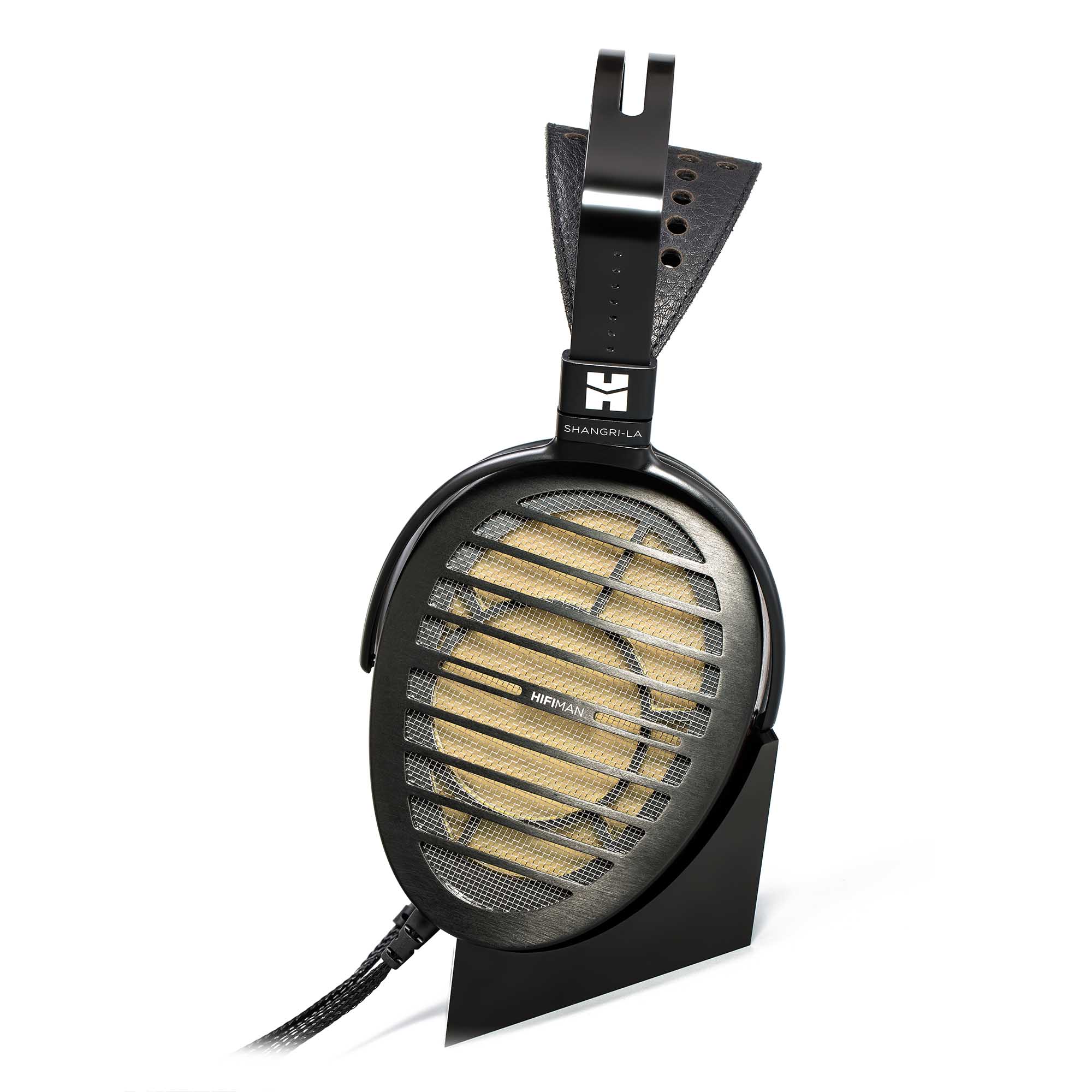 HIFIMAN Shangri-La electrostatic open back headphones with gold driver visible through black grille on stand
