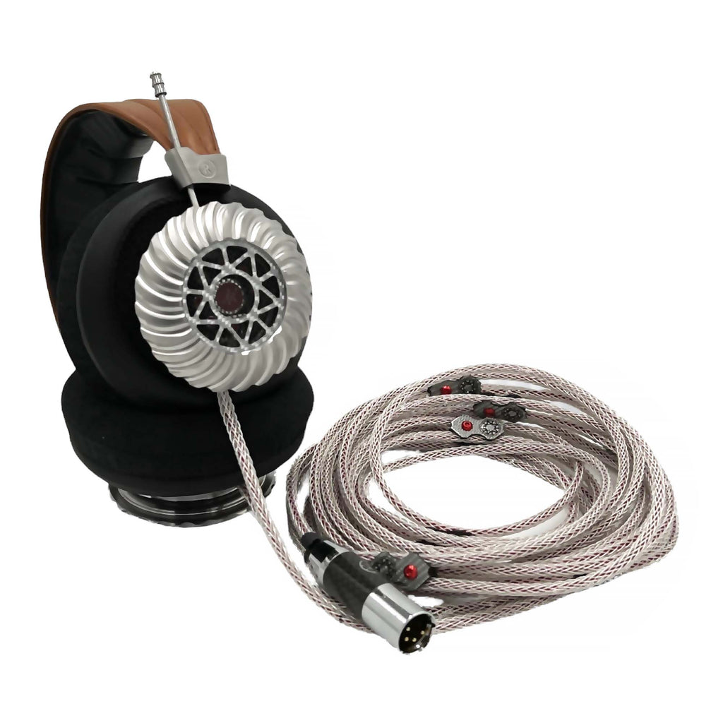 Spirit Torino Valkyria Titanium open back headphones with silver ear cups and braided cable on white background