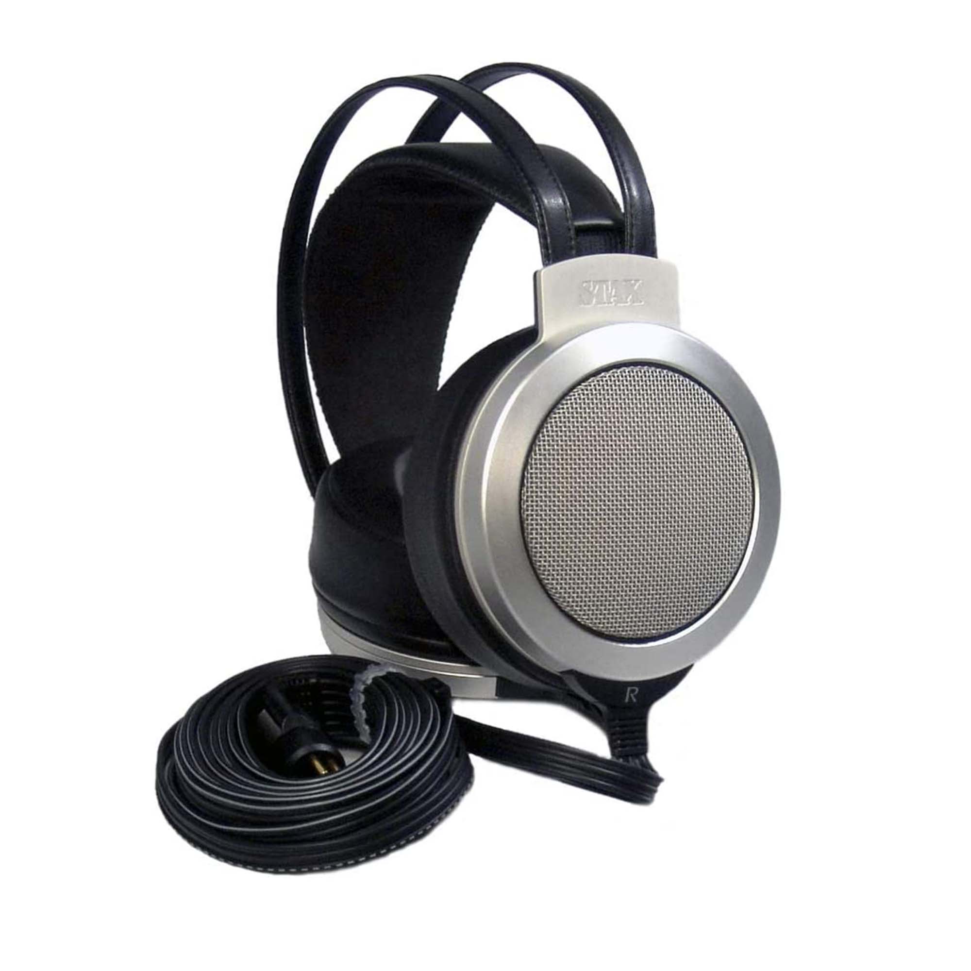 STAX SR-007A Electrostatic Headphone with silver finish and coiled black cable isolated on white background