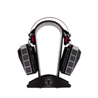 RAAL-requisite SR1b Ribbon Headphone on wooden stand showing open-back design and headband details on white background