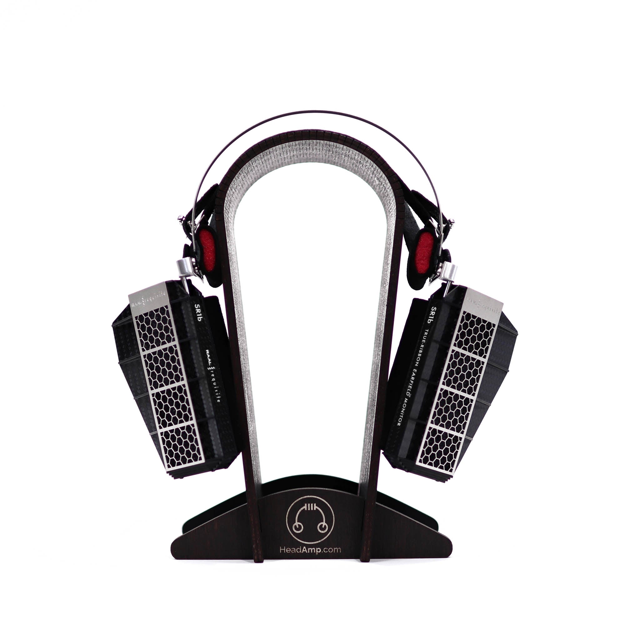 RAAL-requisite SR1b Ribbon Headphone on wooden stand showing open-back design and headband details on white background