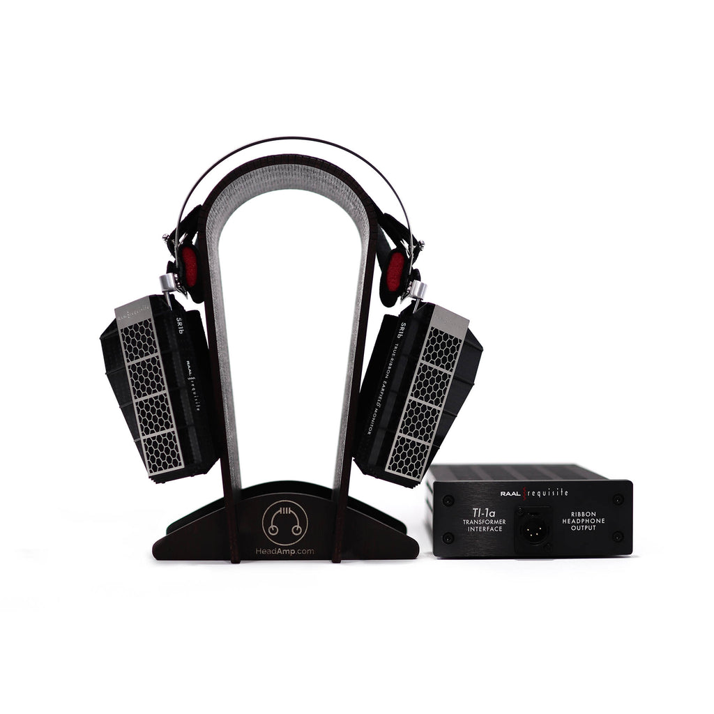 RAAL-requisite SR1b Ribbon Headphone on stand with separate Ti-1a transformer interface on white background