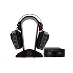 RAAL-requisite SR1b Ribbon Headphone on stand with separate Ti-1a transformer interface on white background