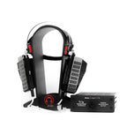 RAAL-requisite TI-1 Amp Interface for True-Ribbon™ Headphones with black and silver headphone stand on white background