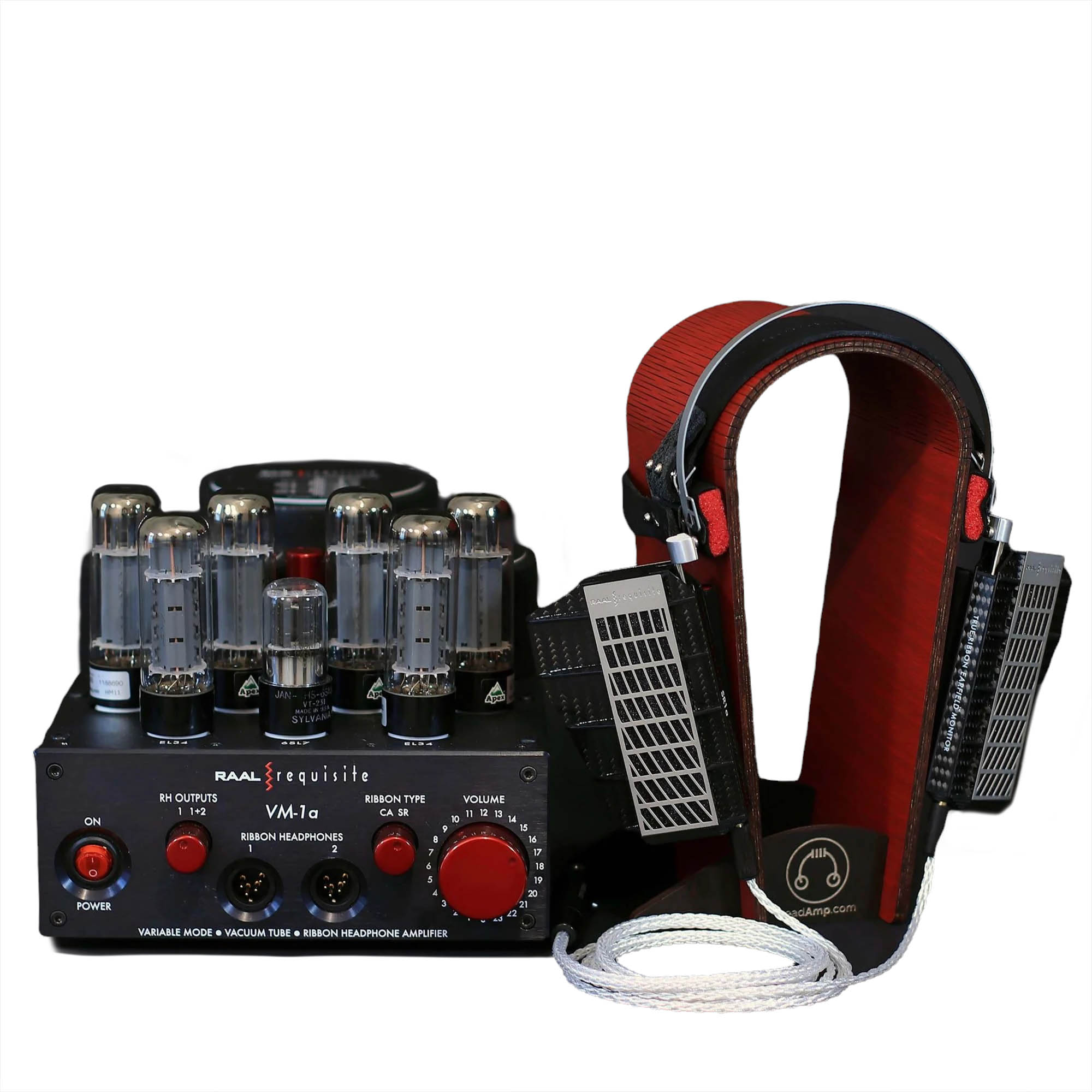 RAAL-requisite SR1a Ribbon Headphone with tube amplifier and red cushioned headband on white background