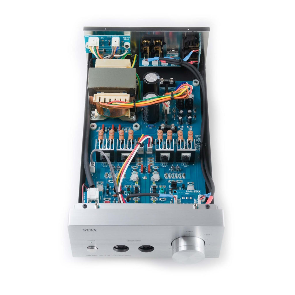 Top view of STAX SRM-400S Electrostatic Headphone Amplifier showing internal circuit board and front control panel in silver finish