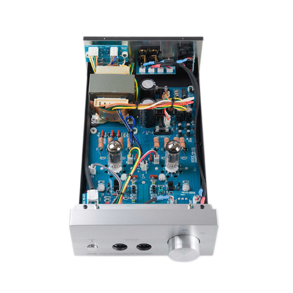 Top-down view of the open STAX SRM-500T Electrostatic Headphone Amplifier showing internal circuit board and vacuum tubes