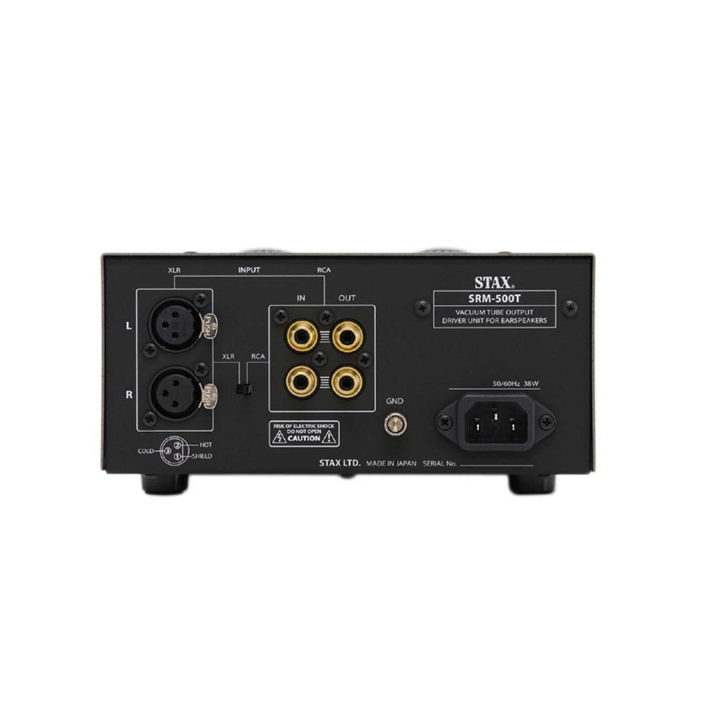 Rear view of STAX SRM-500T Electrostatic Headphone Amplifier showing input and output connectors on white background