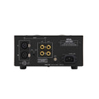 Rear view of STAX SRM-500T Electrostatic Headphone Amplifier showing input and output connectors on white background