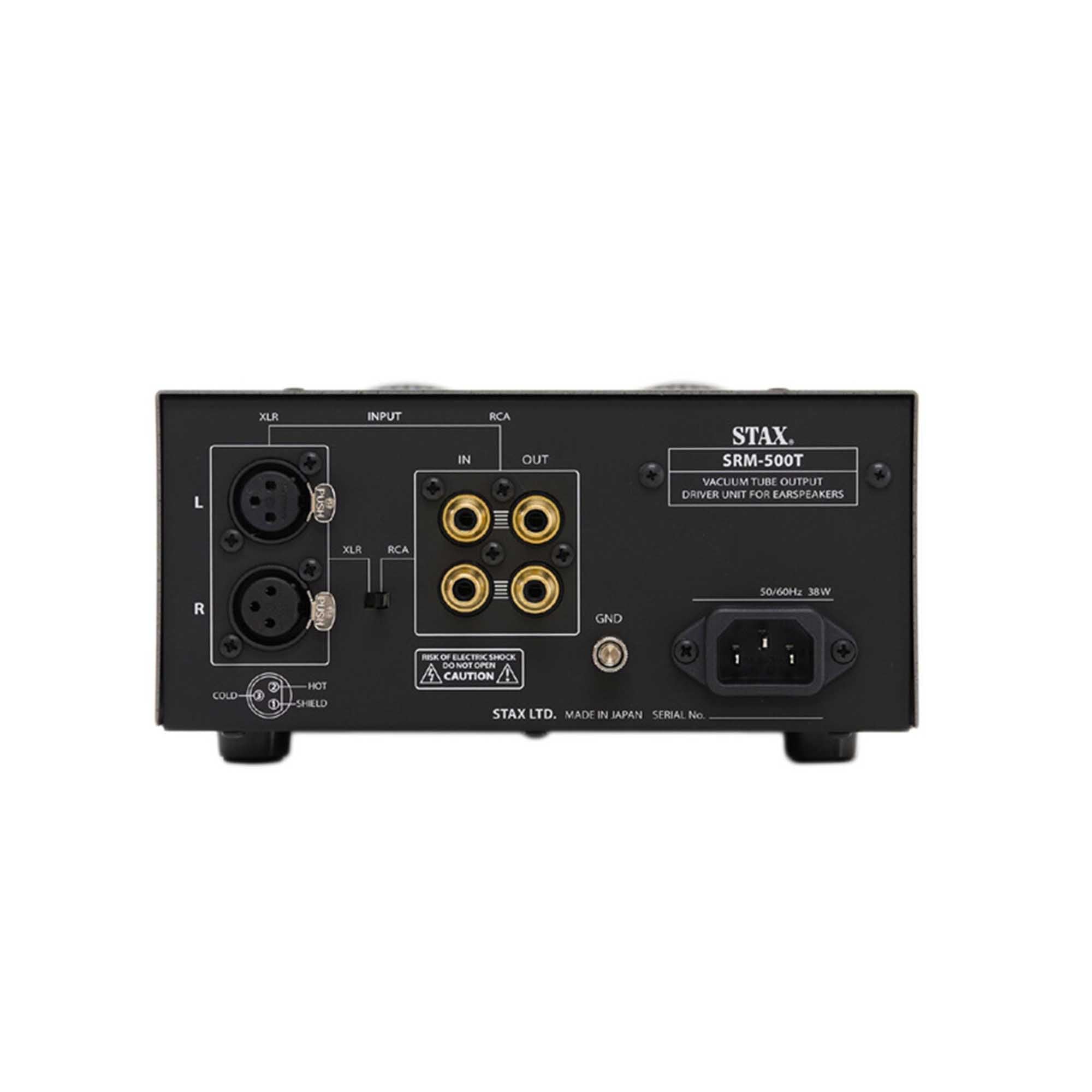 Rear view of STAX SRM-500T Electrostatic Headphone Amplifier showing input and output connectors on white background