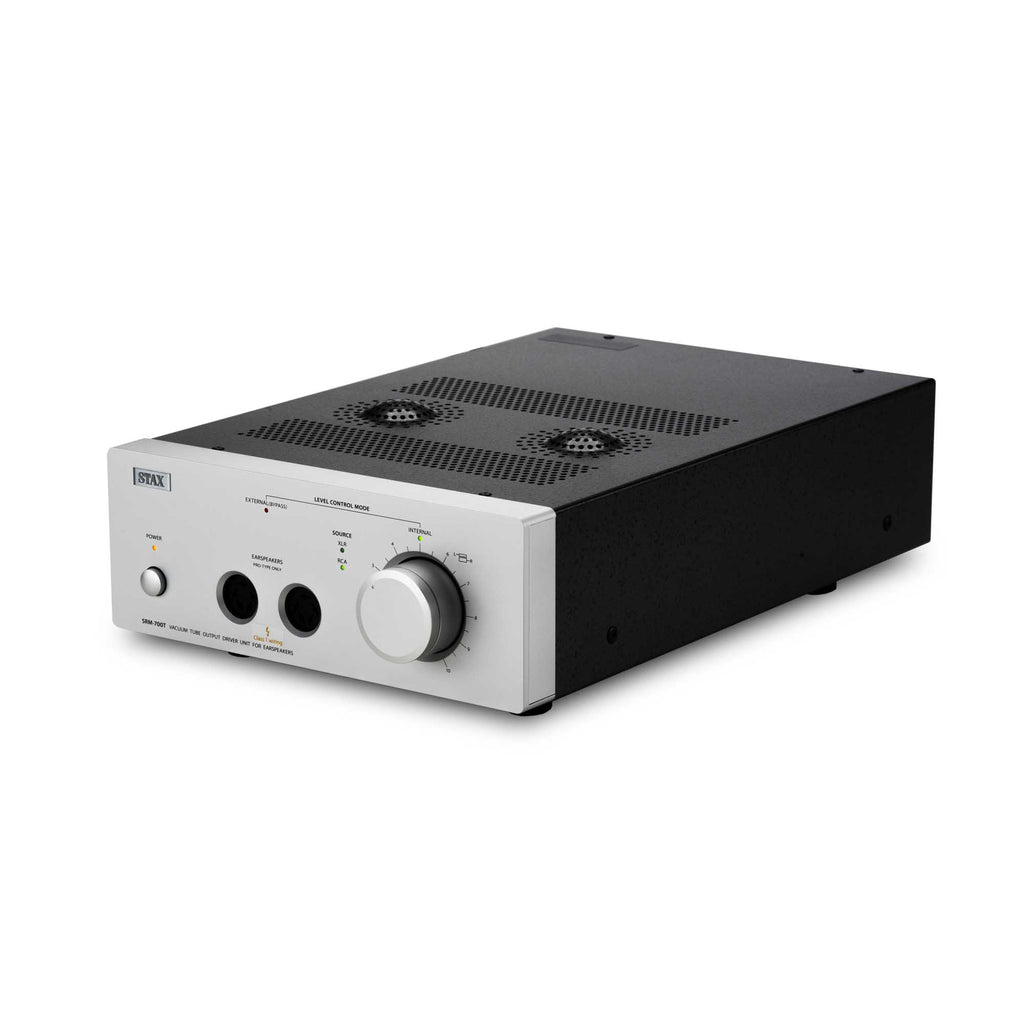 STAX SRM-700T Electrostatic Headphone Amplifier with silver front panel and black body shown at an angle on white background