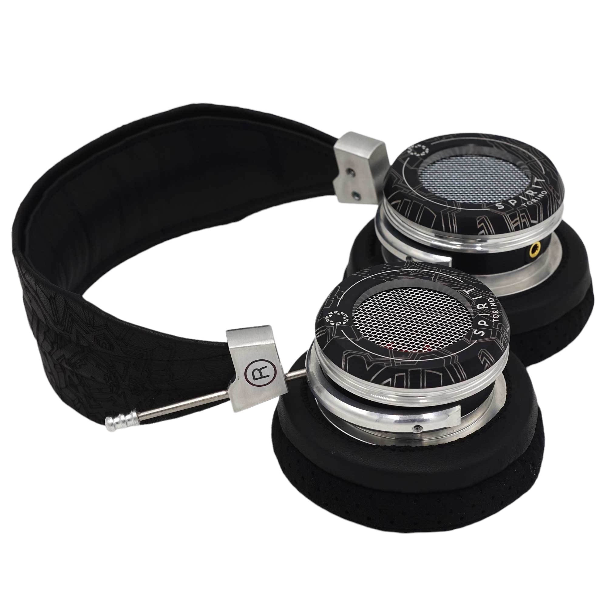 Spirit Torino Super Leggera 1706 open back headphones with black cushioned ear pads and metallic details on white background